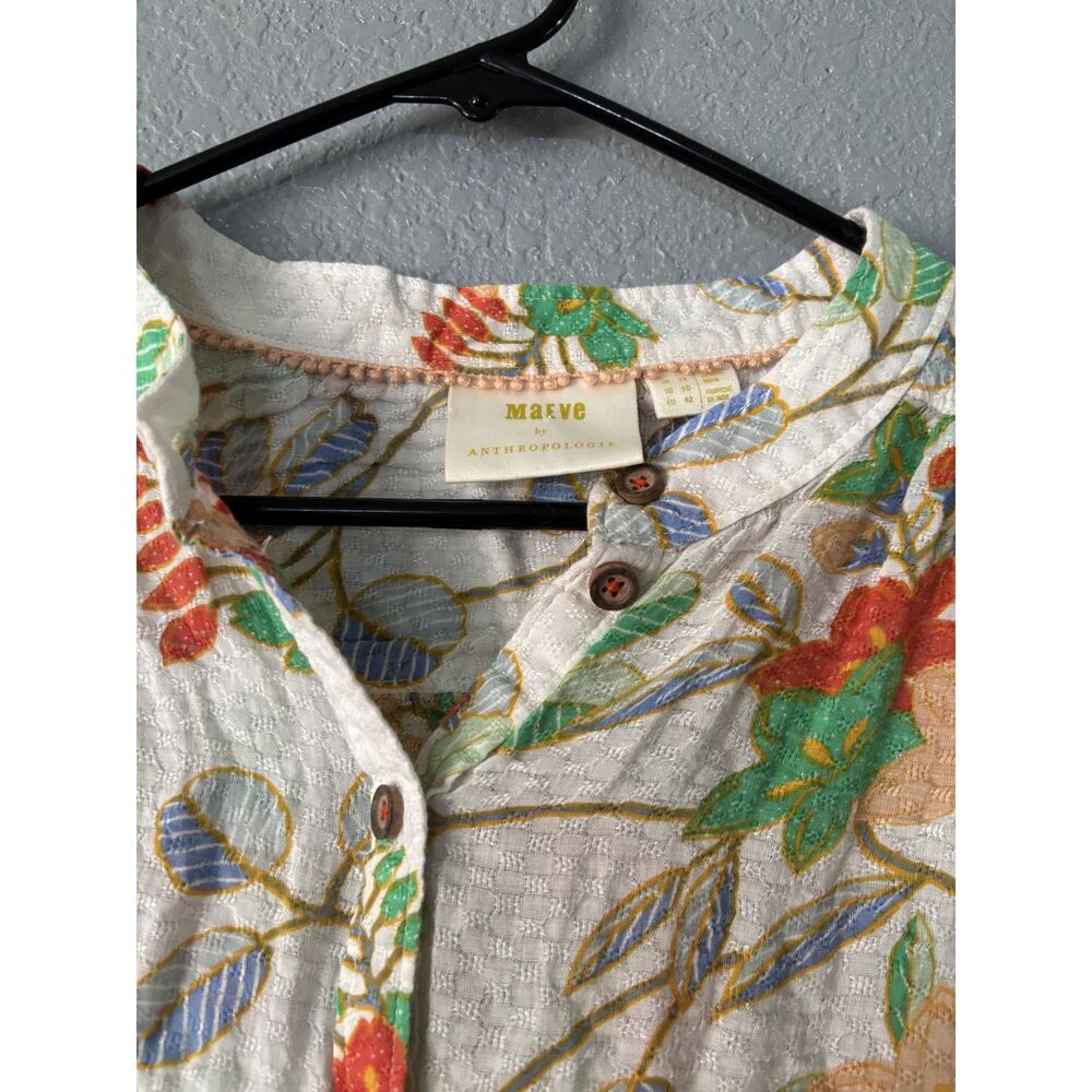 Maeve by Anthropologie Floral Button Front Blouse Size 10 Textured 3/4 Sleeve